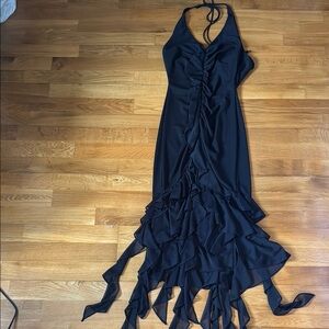 Y2K Elegant Black Halter Dress Ruffles Gothcore Whimsy Fairy USA